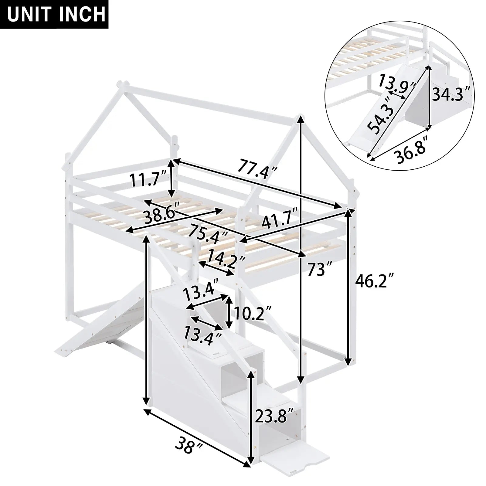 Bellemave® Twin Size House Bunk Bed with Slide and Staircase - Bellemave