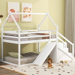Bellemave® Twin Size House Bunk Bed with Slide and Staircase - Bellemave