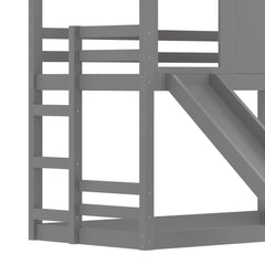 Bellemave® Twin Size House Bunk Bed with Slide and Storage Shelf, Twin Floor Bunk Beds Frame with Safety Guardrails for Kids Girls Boys, Grey - Bellemave