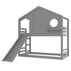Bellemave® Twin Size House Bunk Bed with Slide and Storage Shelf, Twin Floor Bunk Beds Frame with Safety Guardrails for Kids Girls Boys, Grey - Bellemave
