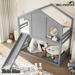 Bellemave® Twin Size House Bunk Bed with Slide and Storage Shelf, Twin Floor Bunk Beds Frame with Safety Guardrails for Kids Girls Boys, Grey - Bellemave