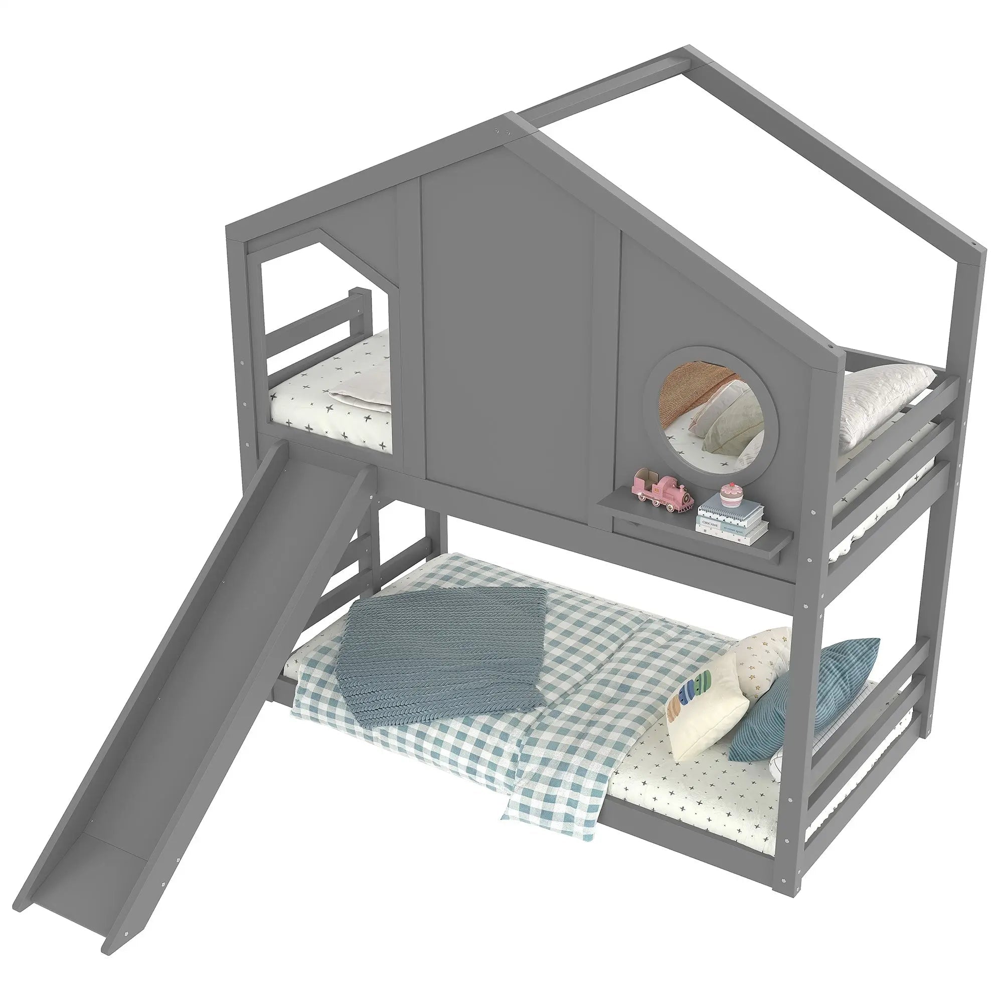 Bellemave® Twin Size House Bunk Bed with Slide and Storage Shelf, Twin Floor Bunk Beds Frame with Safety Guardrails for Kids Girls Boys, Grey - Bellemave