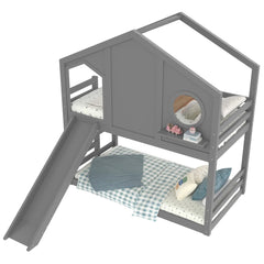 Bellemave® Twin Size House Bunk Bed with Slide and Storage Shelf, Twin Floor Bunk Beds Frame with Safety Guardrails for Kids Girls Boys, Grey - Bellemave