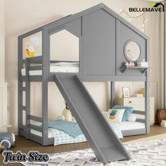 Bellemave® Twin Size House Bunk Bed with Slide and Storage Shelf, Twin Floor Bunk Beds Frame with Safety Guardrails for Kids Girls Boys, Grey - Bellemave