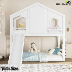 Bellemave® Twin Size House Bunk Bed with Slide and Storage Shelf, Twin Floor Bunk Beds Frame with Safety Guardrails for Kids Girls Boys, Grey - Bellemave