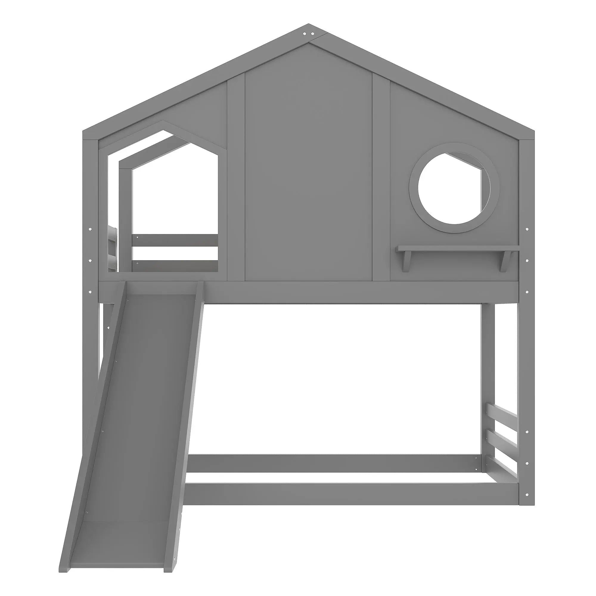 Bellemave® Twin Size House Bunk Bed with Slide and Storage Shelf, Twin Floor Bunk Beds Frame with Safety Guardrails for Kids Girls Boys, Grey - Bellemave