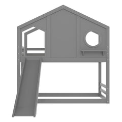 Bellemave® Twin Size House Bunk Bed with Slide and Storage Shelf, Twin Floor Bunk Beds Frame with Safety Guardrails for Kids Girls Boys, Grey - Bellemave