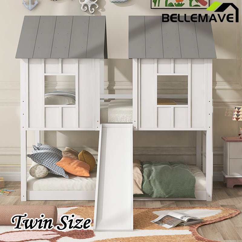 Bellemave® Twin Size House Bunk Bed with Slide and Windows - Bellemave