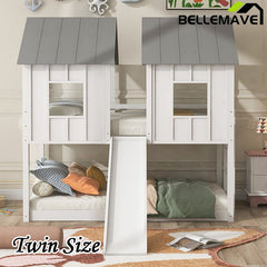 Bellemave® Twin Size House Bunk Bed with Slide and Windows - Bellemave
