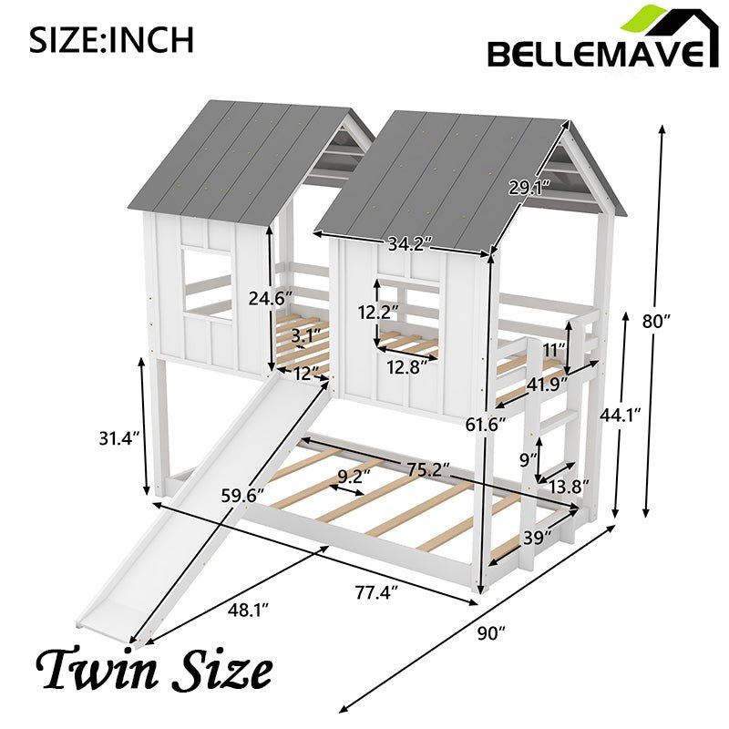 Bellemave® Twin Size House Bunk Bed with Slide and Windows - Bellemave