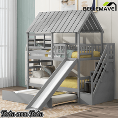 Bellemave® Twin Size House Bunk Bed with Trundle and Slide, Storage Staircase, Roof and Window Design - Bellemave