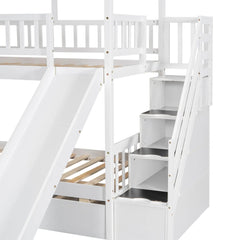Bellemave® Twin Size House Bunk Bed with Trundle and Slide, Storage Staircase, Roof and Window Design - Bellemave