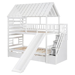 Bellemave® Twin Size House Bunk Bed with Trundle and Slide, Storage Staircase, Roof and Window Design - Bellemave