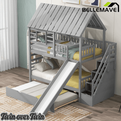 Bellemave® Twin Size House Bunk Bed with Trundle and Slide, Storage Staircase, Roof and Window Design - Bellemave