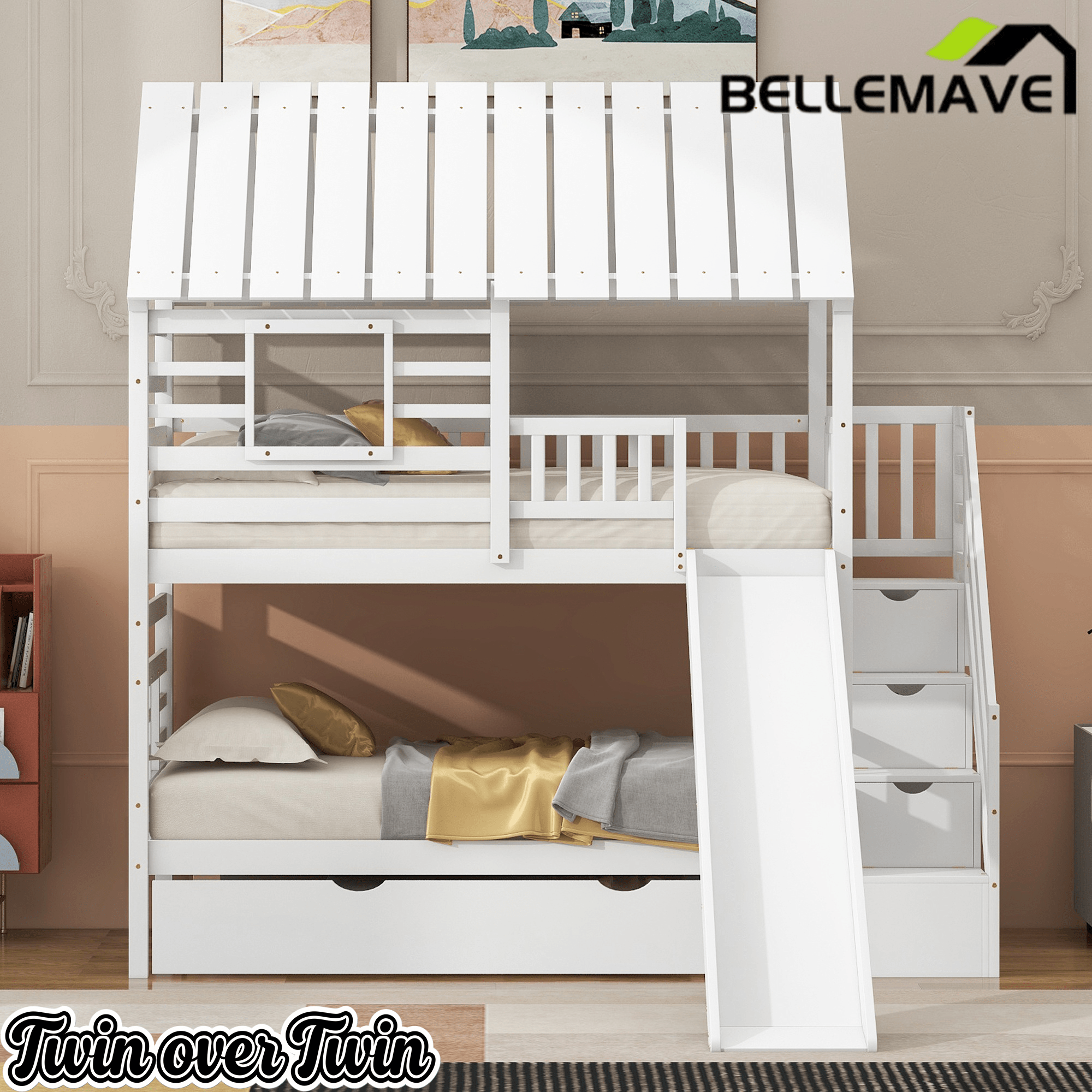 Bellemave® Twin Size House Bunk Bed with Trundle and Slide, Storage Staircase, Roof and Window Design - Bellemave