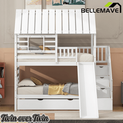 Bellemave® Twin Size House Bunk Bed with Trundle and Slide, Storage Staircase, Roof and Window Design - Bellemave