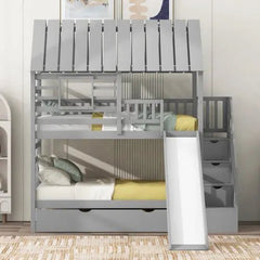 Bellemave® Twin Size House Bunk Bed with Trundle and Slide, Storage Staircase, Roof and Window Design - Bellemave