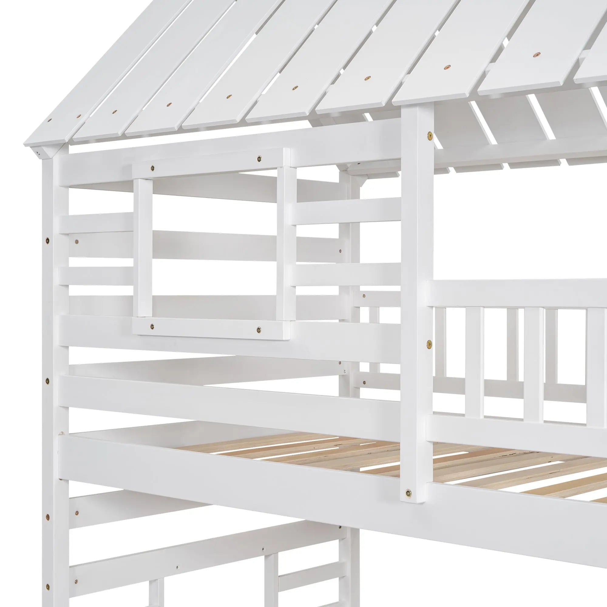 Bellemave® Twin Size House Bunk Bed with Trundle and Slide, Storage Staircase, Roof and Window Design - Bellemave