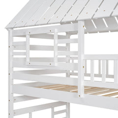 Bellemave® Twin Size House Bunk Bed with Trundle and Slide, Storage Staircase, Roof and Window Design - Bellemave