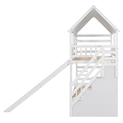 Bellemave® Twin Size House Bunk Bed with Trundle and Slide, Storage Staircase, Roof and Window Design - Bellemave
