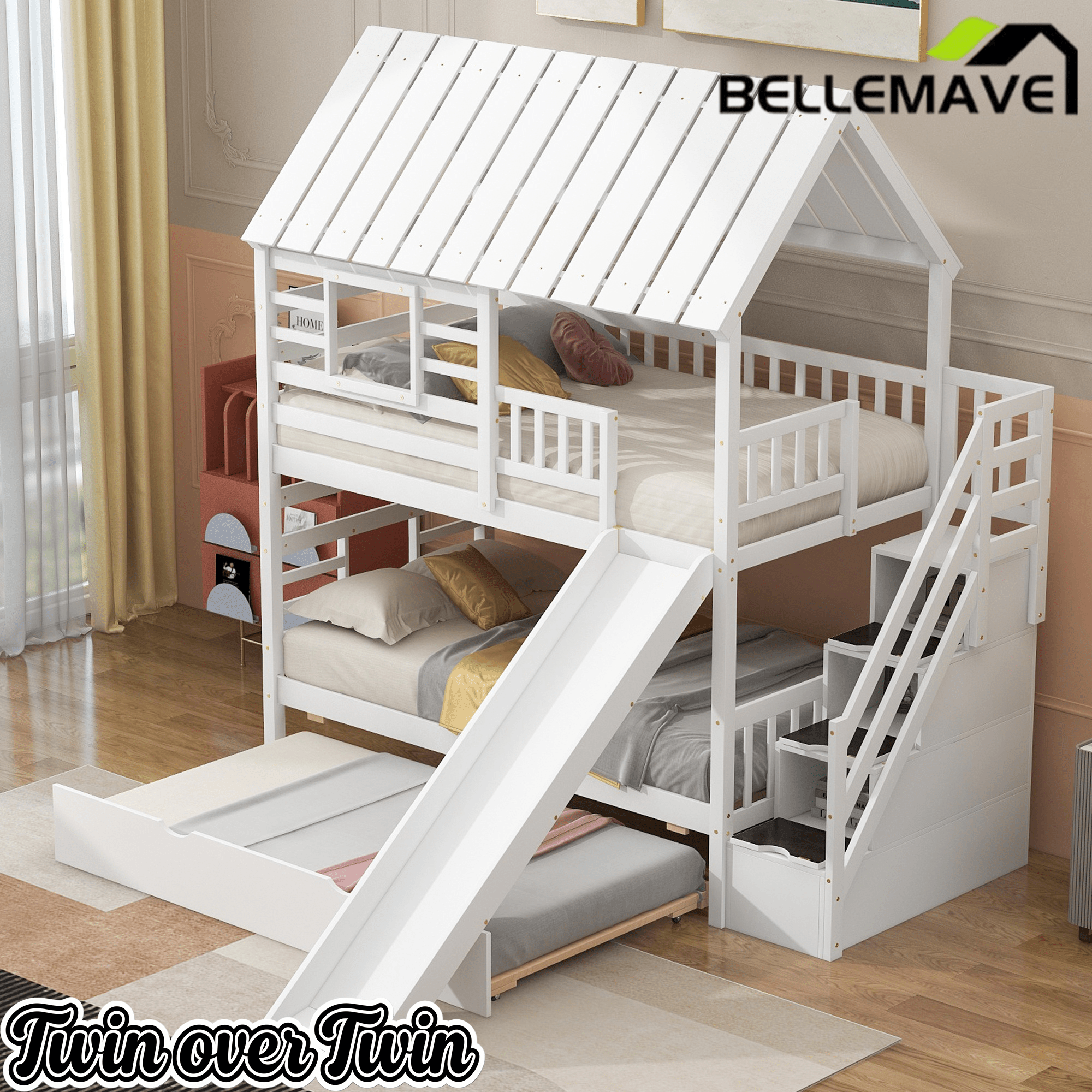 Bellemave® Twin Size House Bunk Bed with Trundle and Slide, Storage Staircase, Roof and Window Design - Bellemave