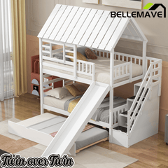 Bellemave® Twin Size House Bunk Bed with Trundle and Slide, Storage Staircase, Roof and Window Design - Bellemave