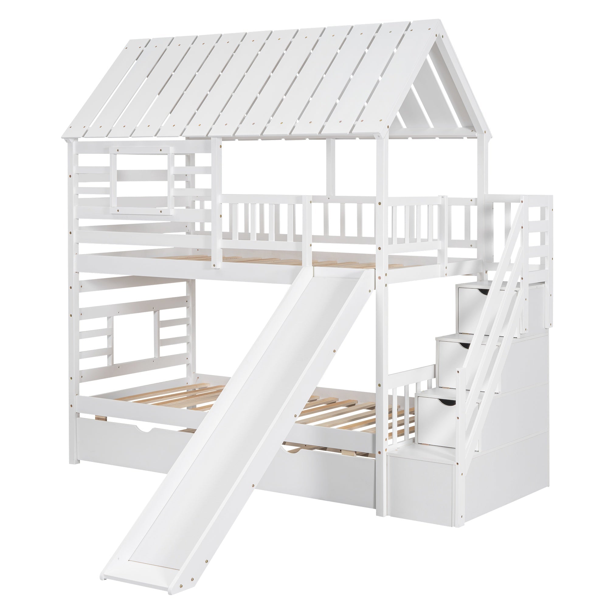 Bellemave® Twin Size House Bunk Bed with Trundle and Slide, Storage Staircase, Roof and Window Design - Bellemave
