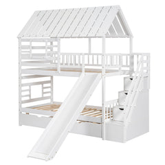 Bellemave® Twin Size House Bunk Bed with Trundle and Slide, Storage Staircase, Roof and Window Design - Bellemave