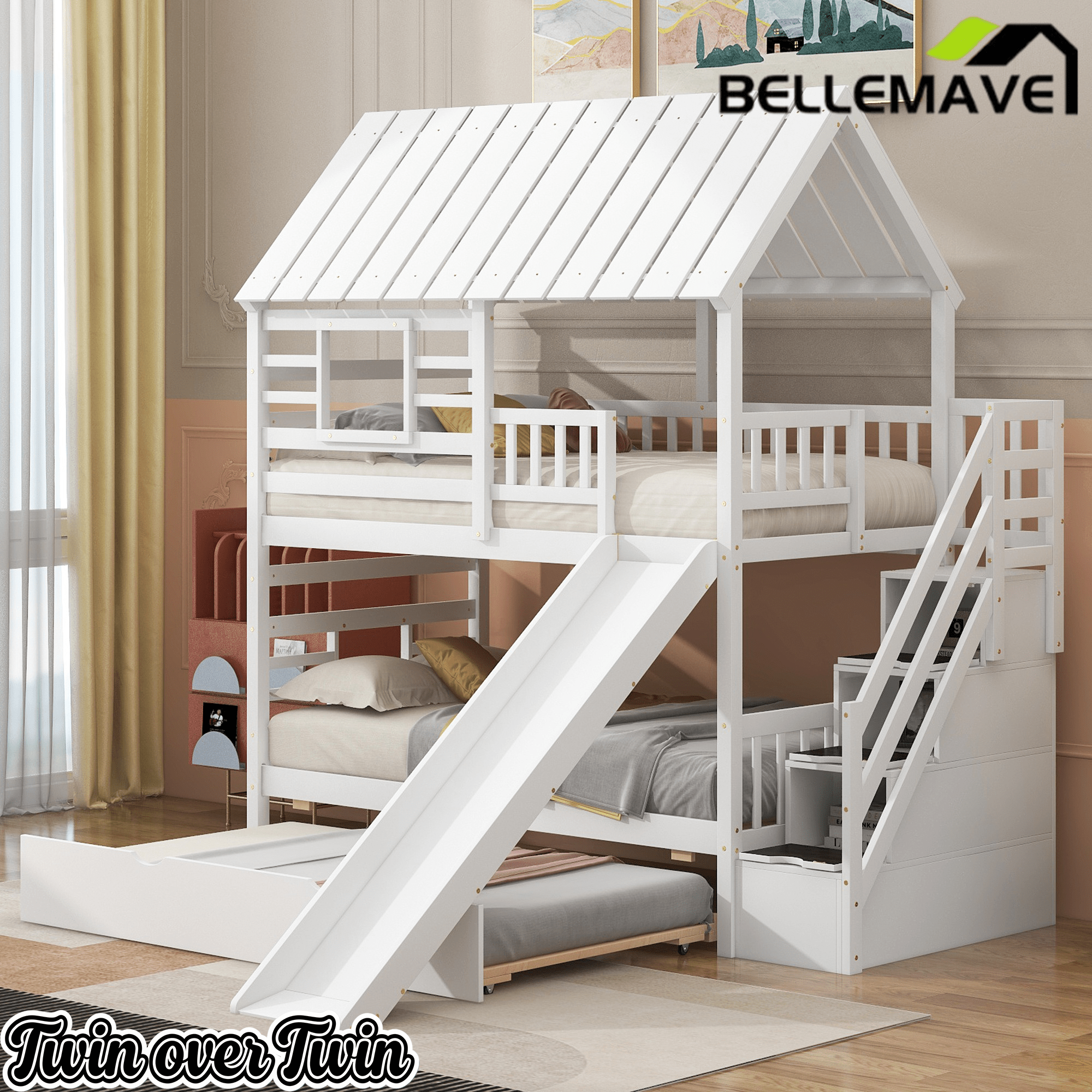 Bellemave® Twin Size House Bunk Bed with Trundle and Slide, Storage Staircase, Roof and Window Design - Bellemave