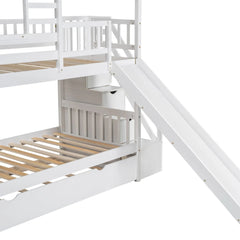 Bellemave® Twin Size House Bunk Bed with Trundle and Slide, Storage Staircase, Roof and Window Design - Bellemave