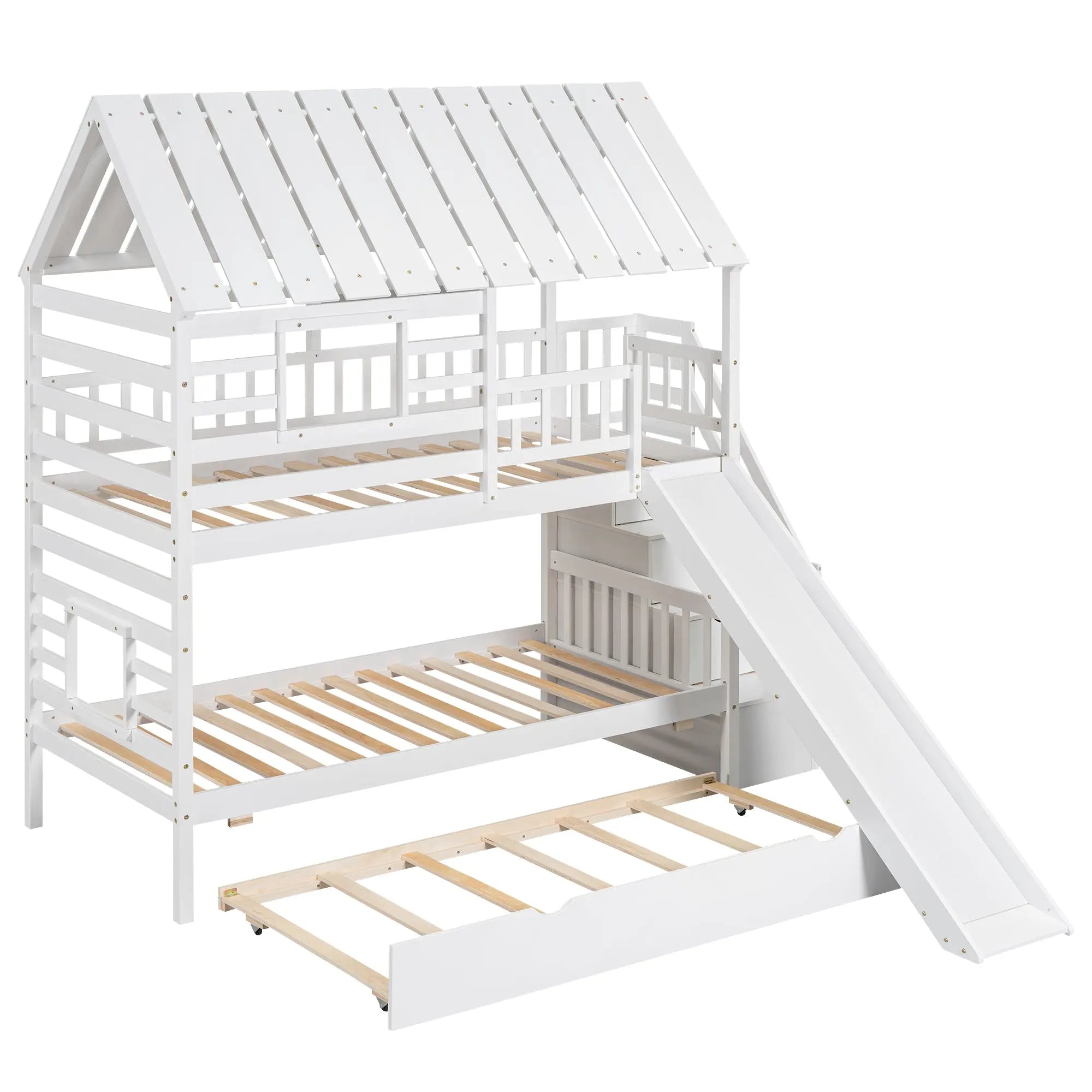 Bellemave® Twin Size House Bunk Bed with Trundle and Slide, Storage Staircase, Roof and Window Design - Bellemave