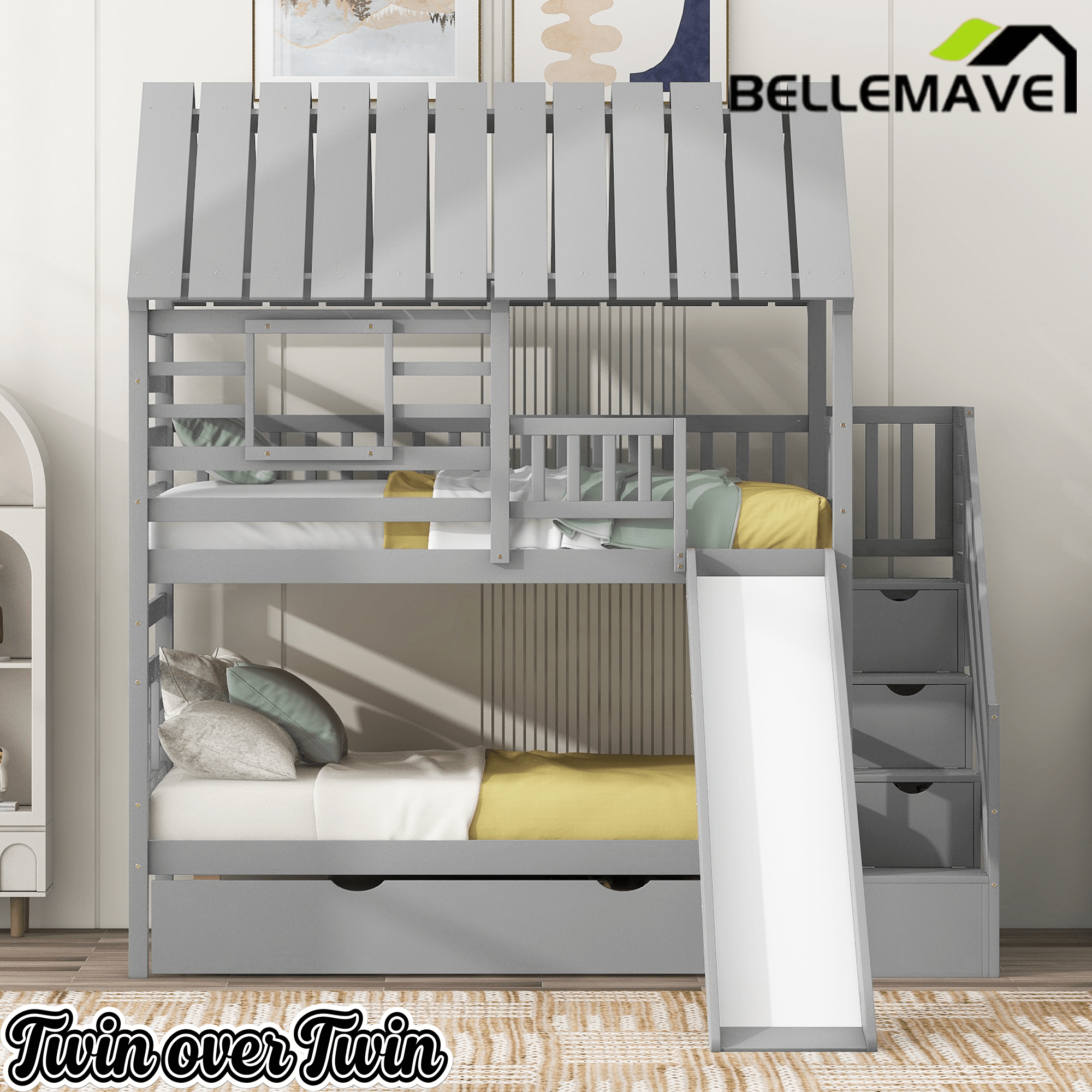 Bellemave® Twin Size House Bunk Bed with Trundle and Slide, Storage Staircase, Roof and Window Design - Bellemave