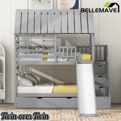Bellemave® Twin Size House Bunk Bed with Trundle and Slide, Storage Staircase, Roof and Window Design - Bellemave