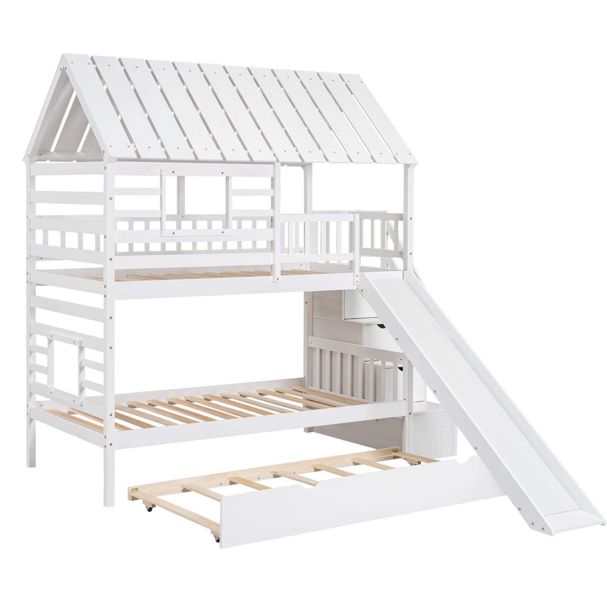Bellemave® Twin Size House Bunk Bed with Trundle and Slide, Storage Staircase, Roof and Window Design - Bellemave