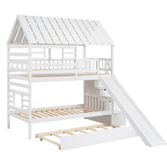 Bellemave® Twin Size House Bunk Bed with Trundle and Slide, Storage Staircase, Roof and Window Design - Bellemave