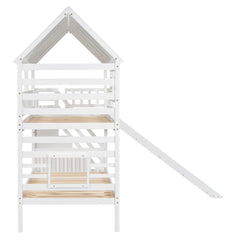 Bellemave® Twin Size House Bunk Bed with Trundle and Slide, Storage Staircase, Roof and Window Design - Bellemave