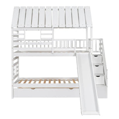 Bellemave® Twin Size House Bunk Bed with Trundle and Slide, Storage Staircase, Roof and Window Design - Bellemave
