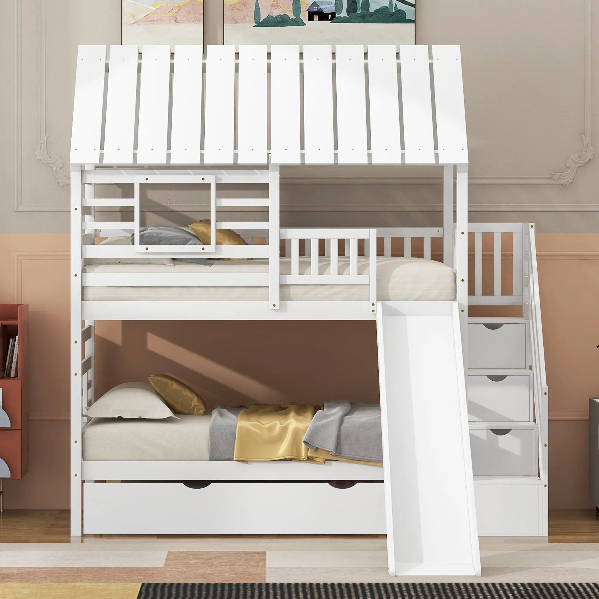 Bellemave® Twin Size House Bunk Bed with Trundle and Slide, Storage Staircase, Roof and Window Design - Bellemave
