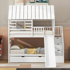 Bellemave® Twin Size House Bunk Bed with Trundle and Slide, Storage Staircase, Roof and Window Design - Bellemave