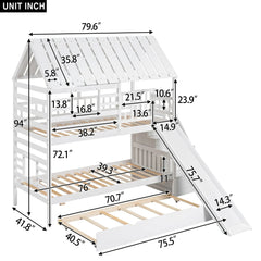 Bellemave® Twin Size House Bunk Bed with Trundle and Slide, Storage Staircase, Roof and Window Design - Bellemave