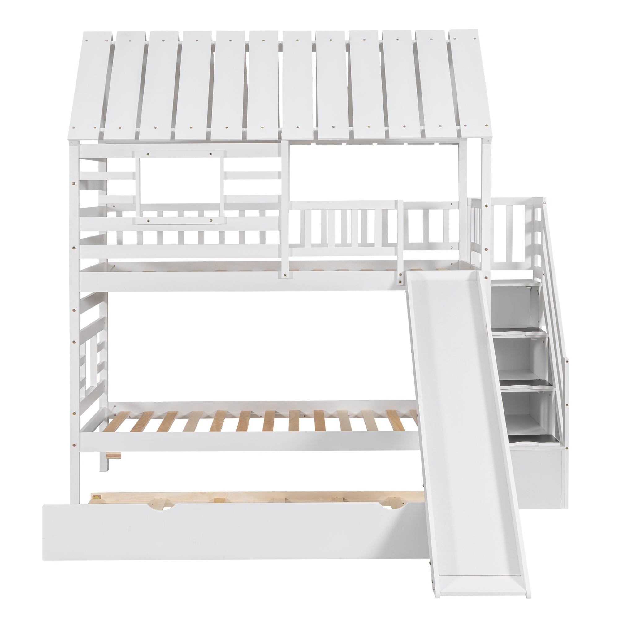 Bellemave® Twin Size House Bunk Bed with Trundle and Slide, Storage Staircase, Roof and Window Design - Bellemave