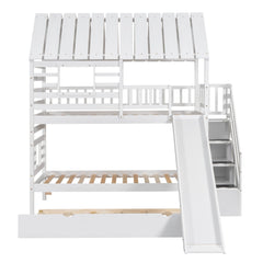 Bellemave® Twin Size House Bunk Bed with Trundle and Slide, Storage Staircase, Roof and Window Design - Bellemave