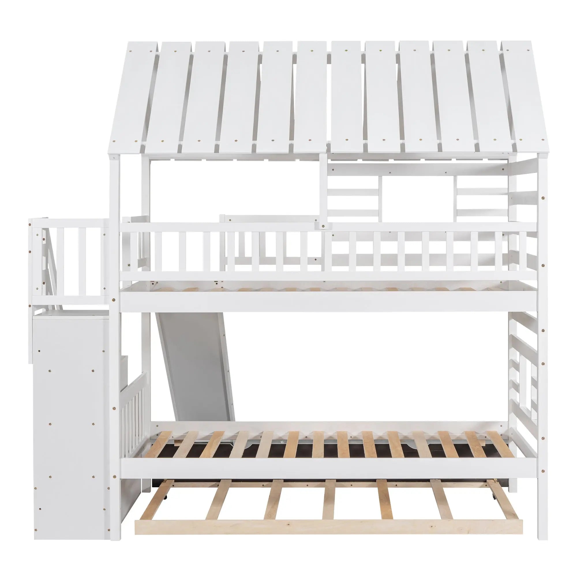 Bellemave® Twin Size House Bunk Bed with Trundle and Slide, Storage Staircase, Roof and Window Design - Bellemave