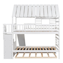 Bellemave® Twin Size House Bunk Bed with Trundle and Slide, Storage Staircase, Roof and Window Design - Bellemave
