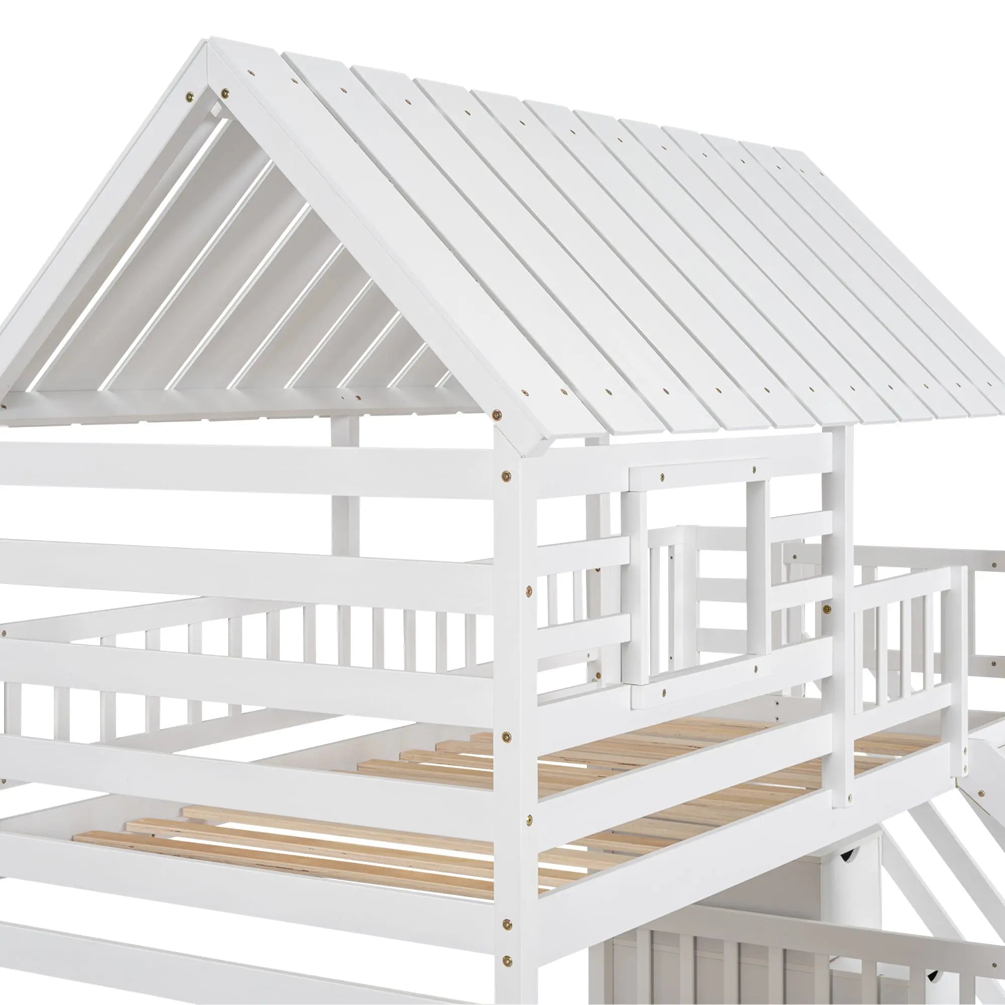 Bellemave® Twin Size House Bunk Bed with Trundle and Slide, Storage Staircase, Roof and Window Design - Bellemave