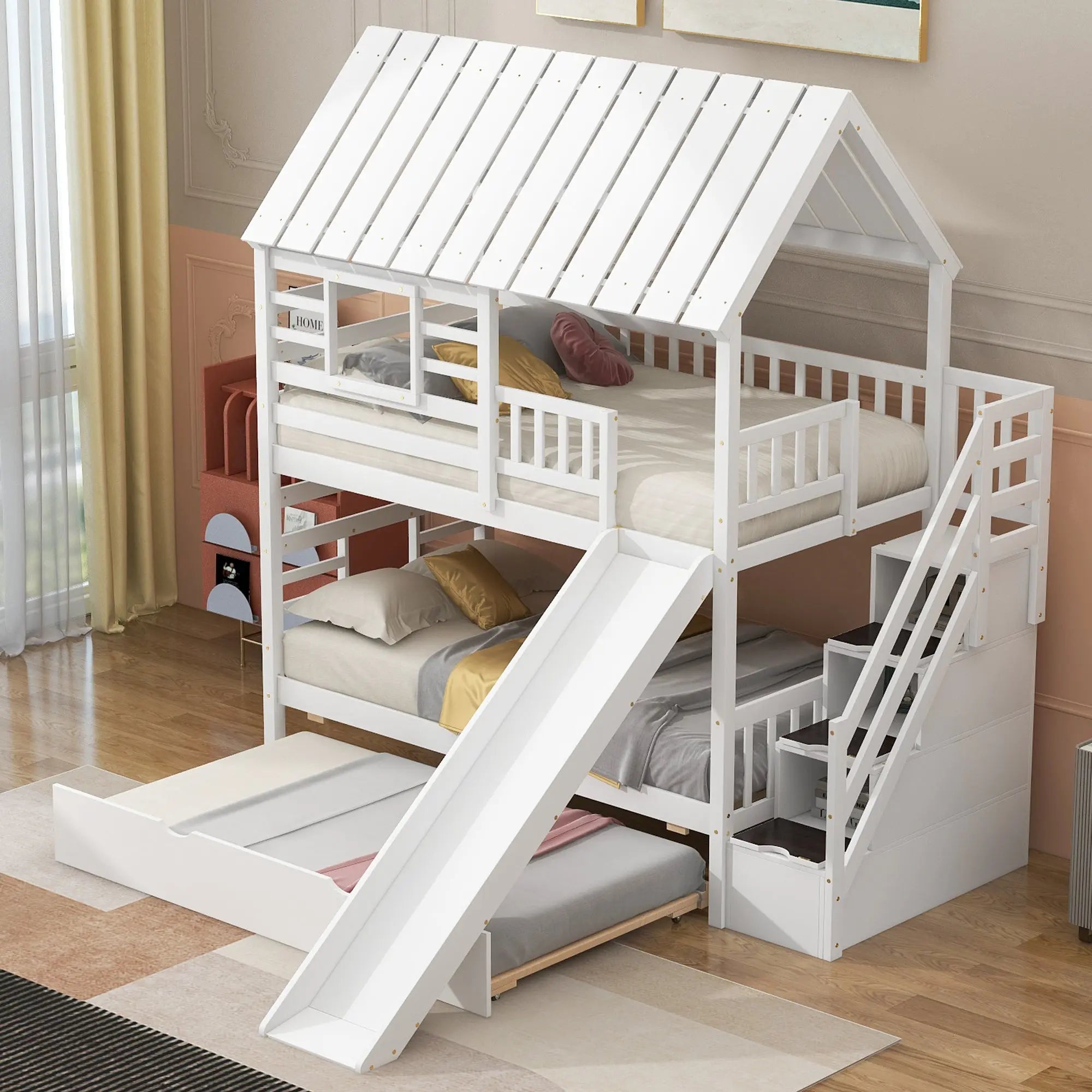 Bellemave® Twin Size House Bunk Bed with Trundle and Slide, Storage Staircase, Roof and Window Design - Bellemave
