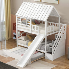 Bellemave® Twin Size House Bunk Bed with Trundle and Slide, Storage Staircase, Roof and Window Design - Bellemave