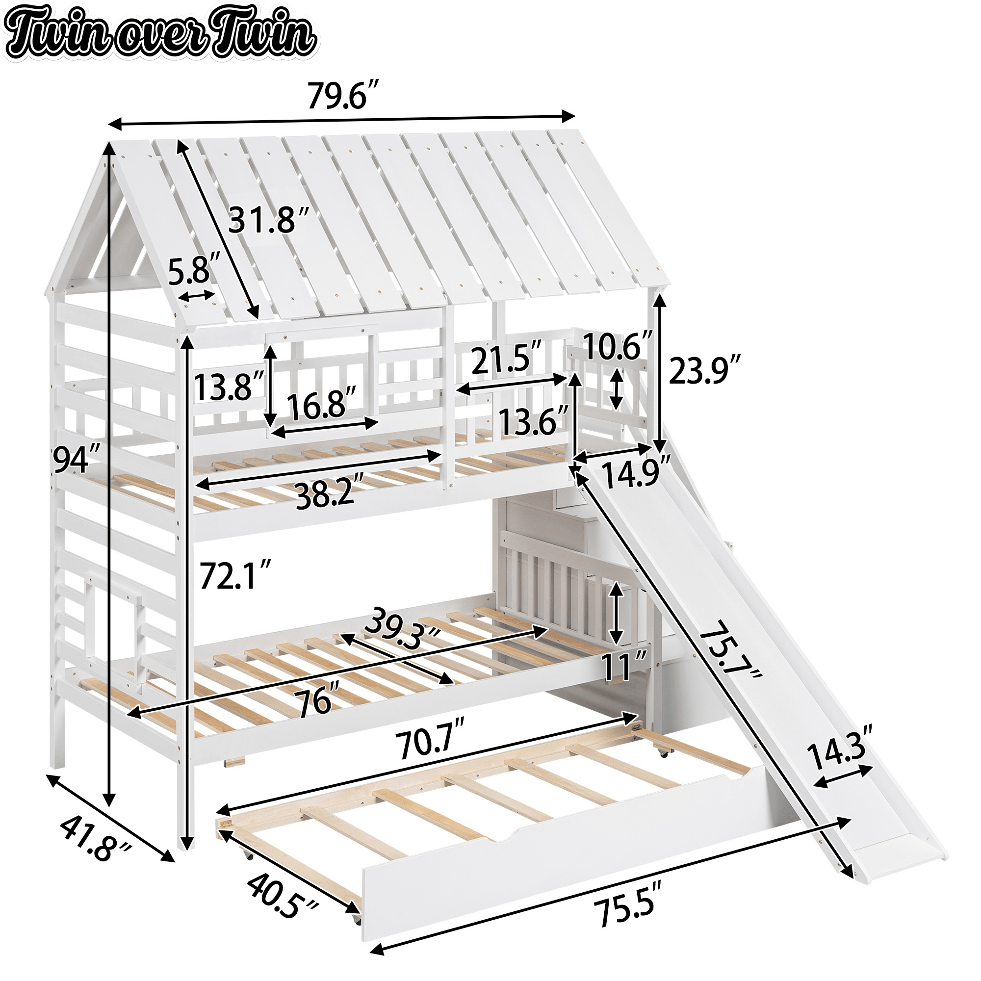 Bellemave® Twin Size House Bunk Bed with Trundle and Slide, Storage Staircase, Roof and Window Design - Bellemave