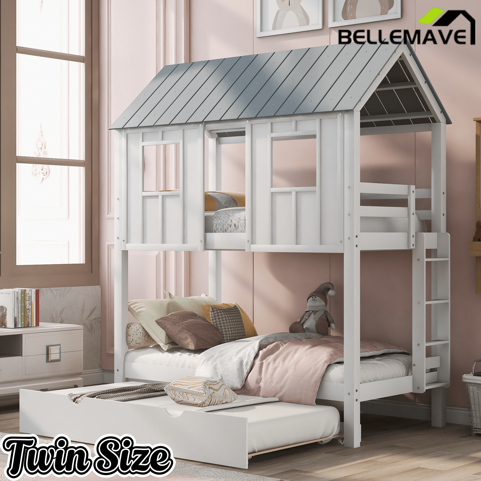 Bellemave® Twin Size House Bunk Bed with Trundle,Roof and Windows,Wood Twin Bunk Beds for Girls, Boys,White+Grey - Bellemave