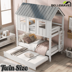Bellemave® Twin Size House Bunk Bed with Trundle,Roof and Windows,Wood Twin Bunk Beds for Girls, Boys,White+Grey - Bellemave